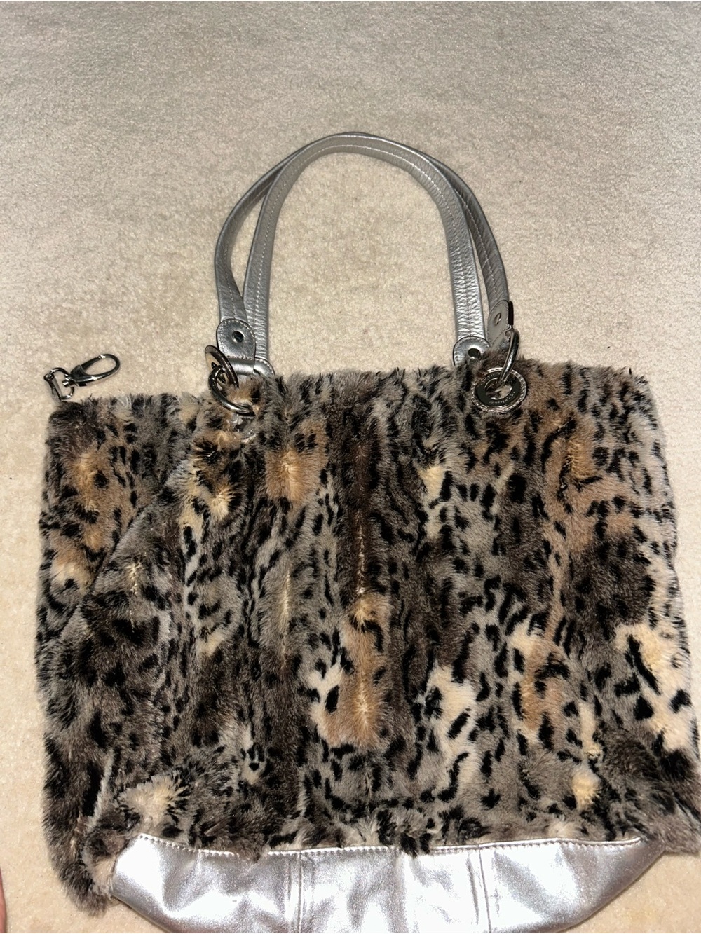b. makowsky Leopard Faux Fur Tote with Silver Handles